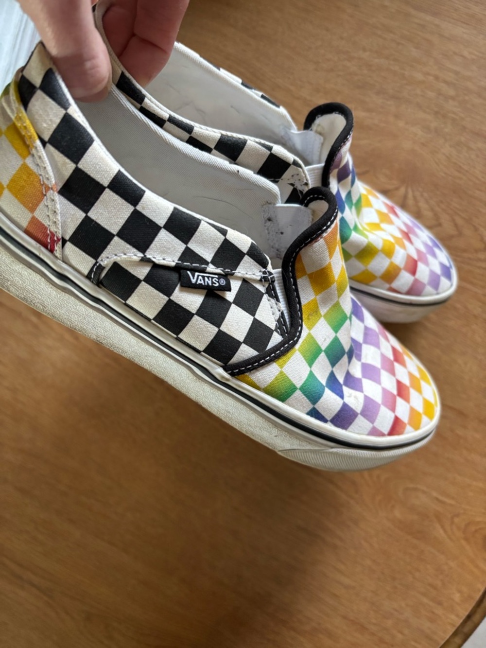 Vans Kids Slip-On Checkerboard Rainbow and Black Canvas Sneakers